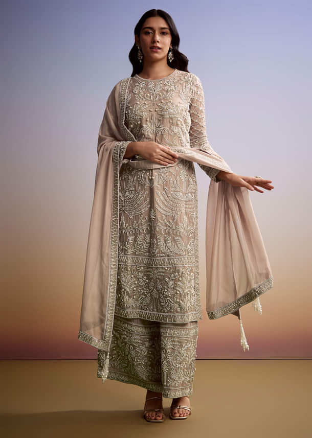 Peach Organza Palazzo Suit With Zari And Moti Work Peach Organza Palazzo Suit With Zari And Moti Work