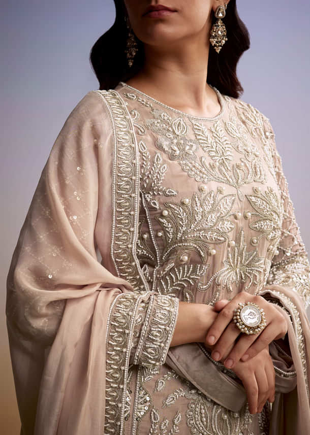 Peach Organza Palazzo Suit With Zari And Moti Work Peach Organza Palazzo Suit With Zari And Moti Work