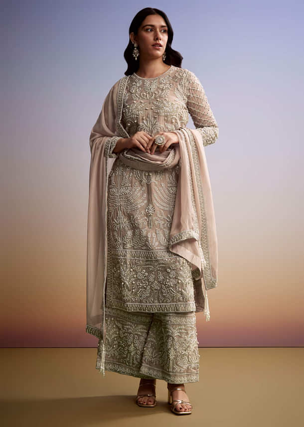 Peach Organza Palazzo Suit With Zari And Moti Work Peach Organza Palazzo Suit With Zari And Moti Work