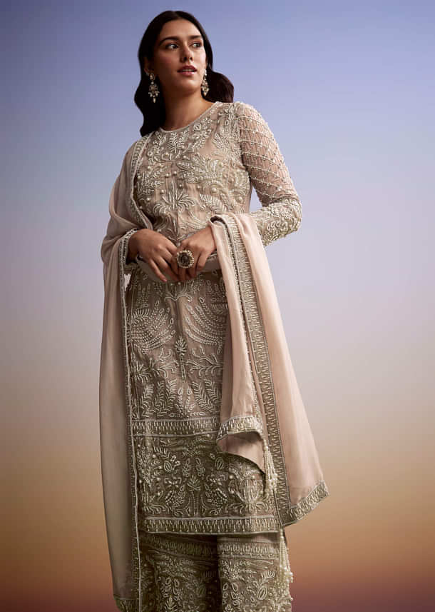 Peach Organza Palazzo Suit With Zari And Moti Work Peach Organza Palazzo Suit With Zari And Moti Work