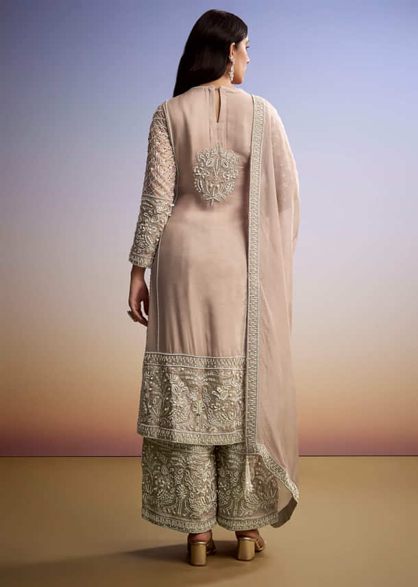 Peach Organza Palazzo Suit With Zari And Moti Work Peach Organza Palazzo Suit With Zari And Moti Work