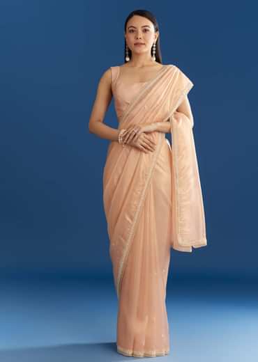Peach Organza Tissue Saree With Beaded Border