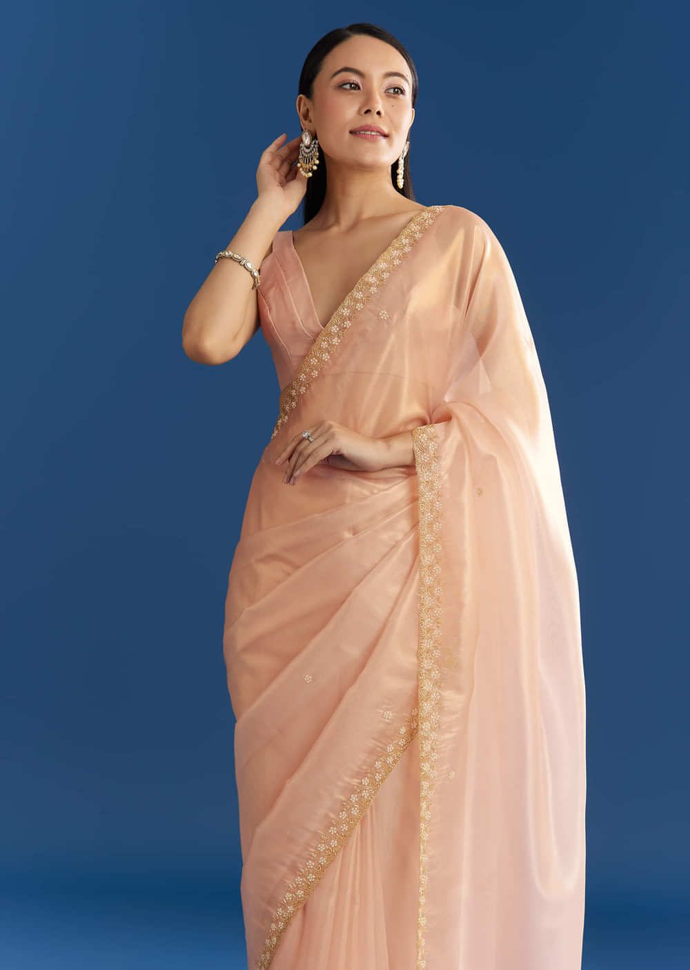 Peach Organza Tissue Saree With Scalloped Embroidery