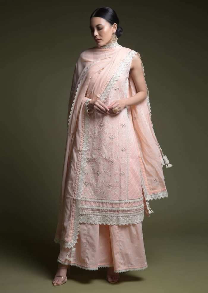 Peach Palazzo Suit In Cotton With Thread Cut Work Embroidered Scallop Jaal And Mirror Abla Work