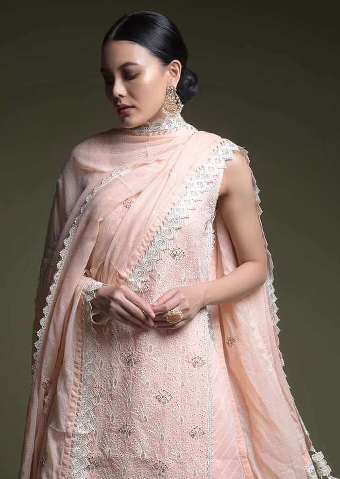 Peach Palazzo Suit In Cotton With Thread Cut Work Embroidered Scallop Jaal And Mirror Abla Work