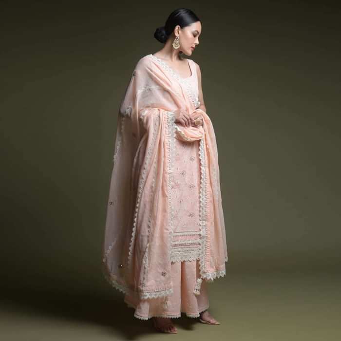 Peach Palazzo Suit In Cotton With Thread Cut Work Embroidered Scallop Jaal And Mirror Abla Work