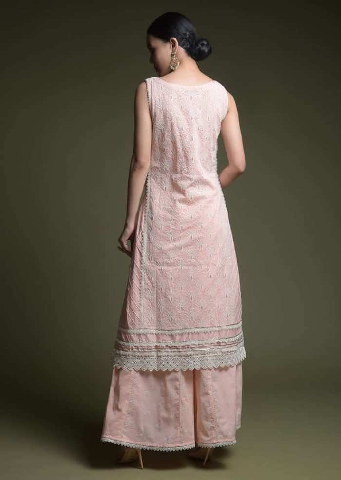 Peach Palazzo Suit In Cotton With Thread Cut Work Embroidered Scallop Jaal And Mirror Abla Work