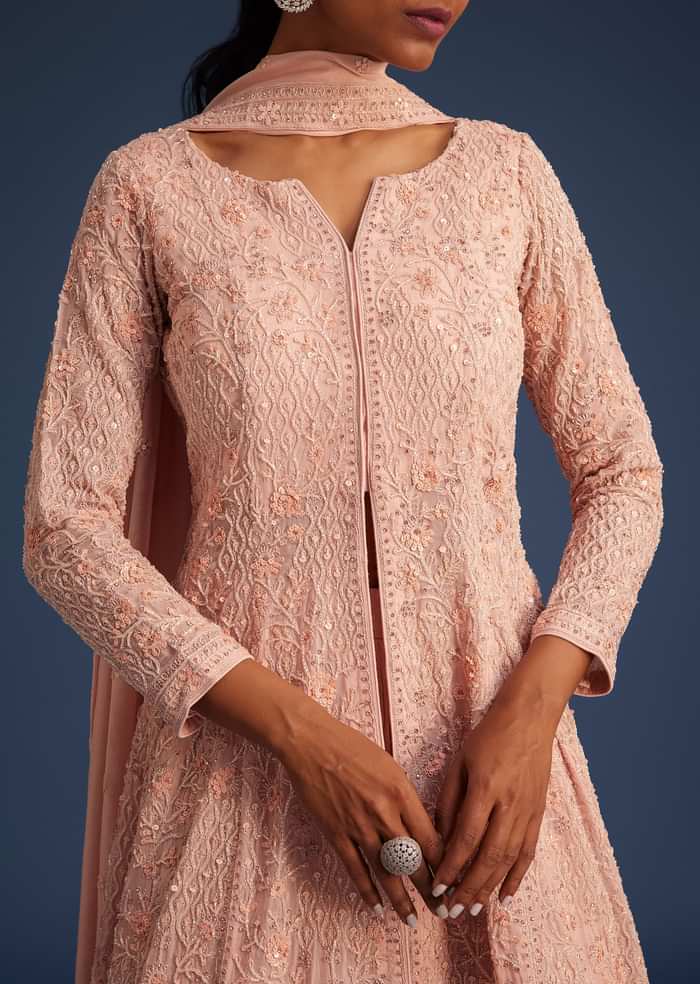 Peach Pink Organza Kurta Set With Chinon Skirt