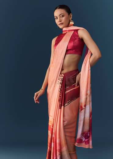 Peach Printed Saree with Blouse Fabric