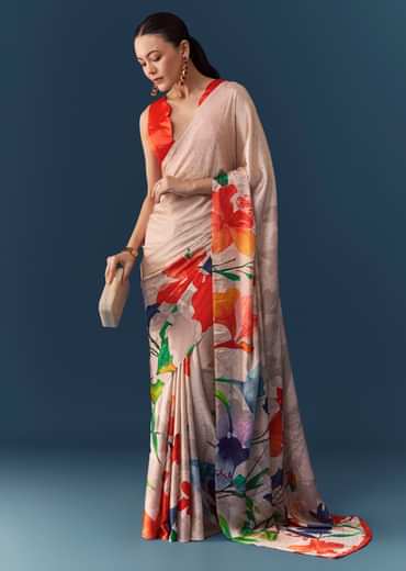 Peach Printed Satin Saree with Blouse Fabric