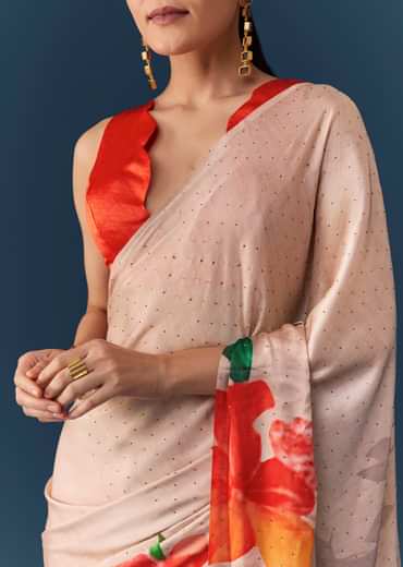 Peach Printed Satin Saree with Blouse Fabric
