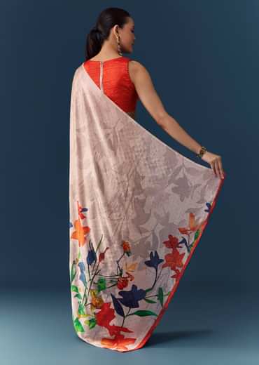 Peach Printed Satin Saree with Blouse Fabric