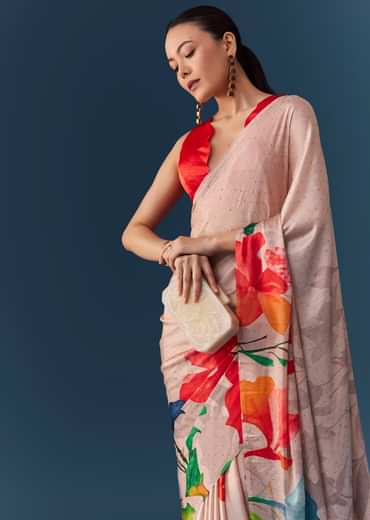 Peach Printed Satin Saree with Blouse Fabric