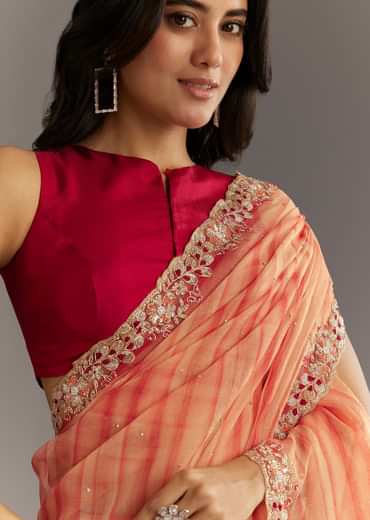 Peach Red Shaded Shibori Print Tissue Saree With Embroidered Scallop Border