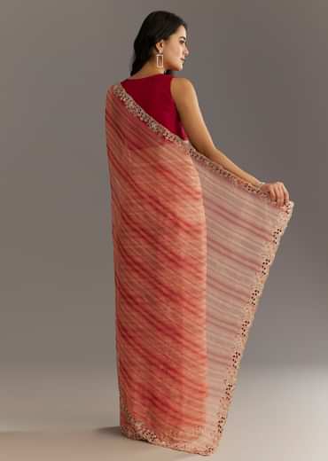 Peach Red Shaded Shibori Print Tissue Saree With Embroidered Scallop Border