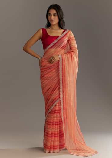Peach Red Shaded Tissue Saree With Cutwork Scallop Border