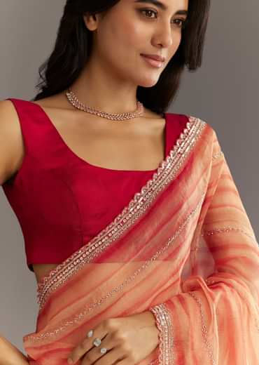 Peach Red Shaded Tissue Saree With Cutwork Scallop Border