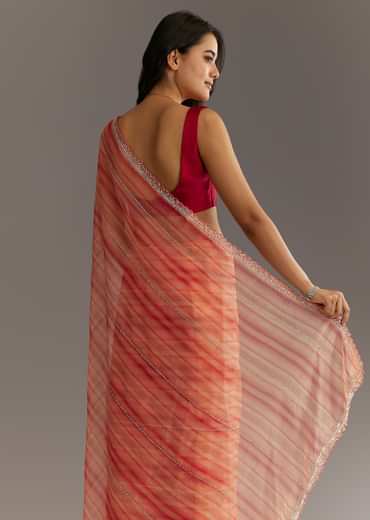 Peach Red Shaded Tissue Saree With Cutwork Scallop Border