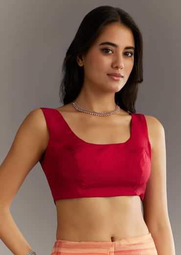 Peach Red Shaded Tissue Saree With Cutwork Scallop Border