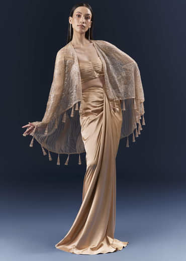 Peach Satin Crop Top And Skirt Set With Cutdana And Beads Embellishments
