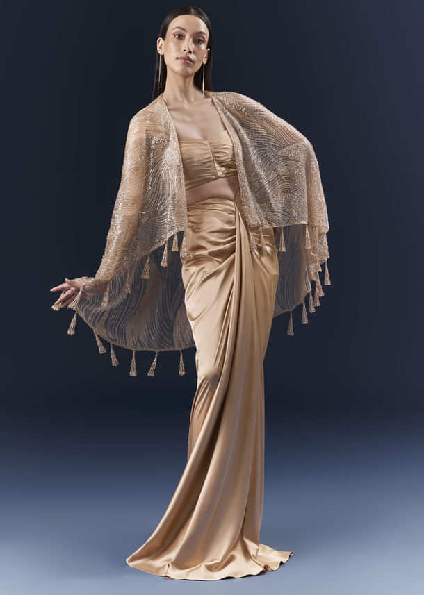Peach Satin Crop Top And Skirt Set With Cutdana And Beads Embellishments