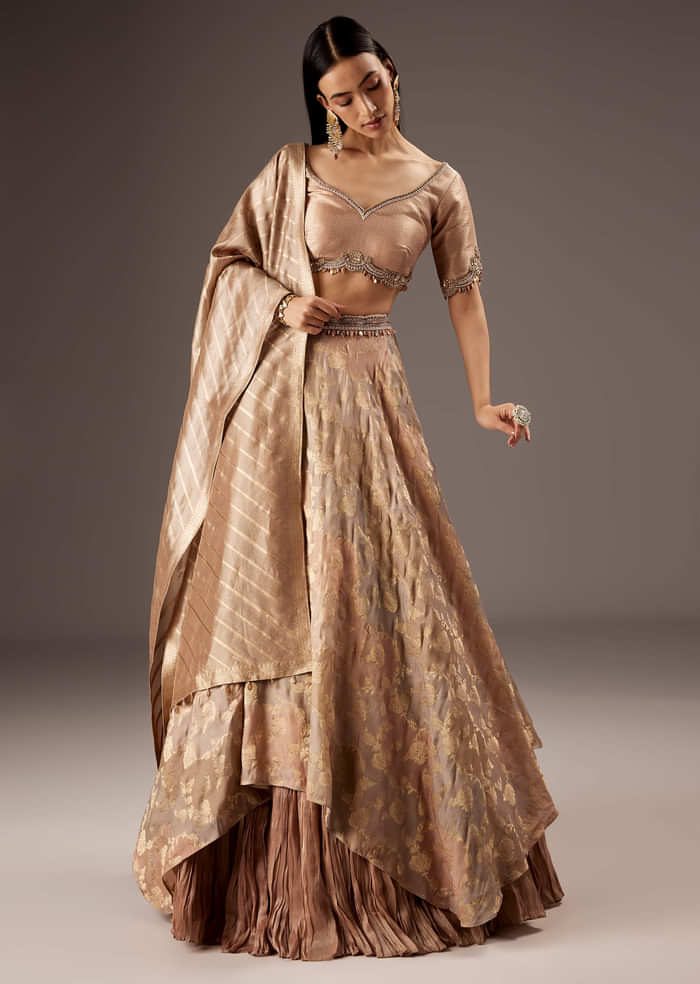 Peach Silk Bridesmaid Lehenga With Embroidered Tassel Blouse And Dupatta