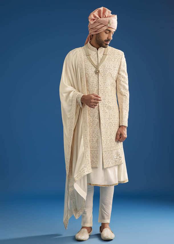 Peach Silk Groom Sherwani Set With Thread And Zardosi Work