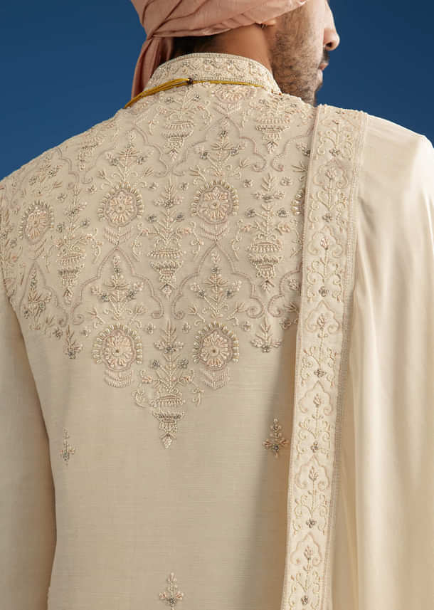 Peach Silk Groom Sherwani Set With Thread And Zardosi Work