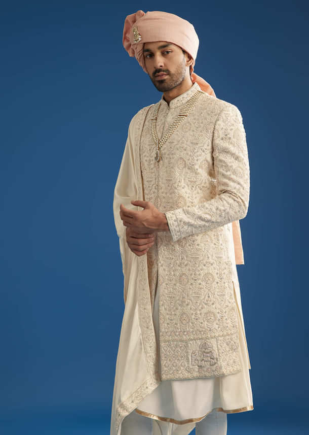 Peach Silk Groom Sherwani Set With Thread And Zardosi Work
