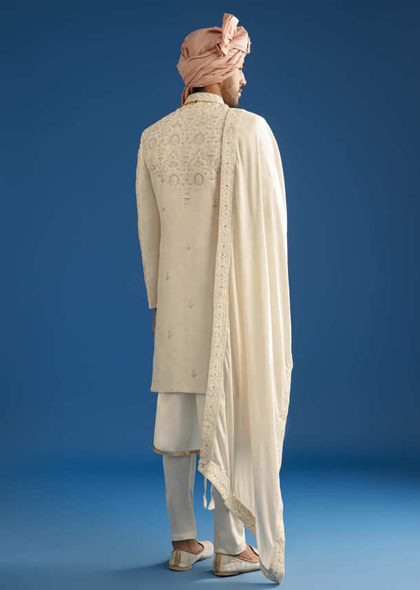 Peach Silk Groom Sherwani Set With Thread And Zardosi Work