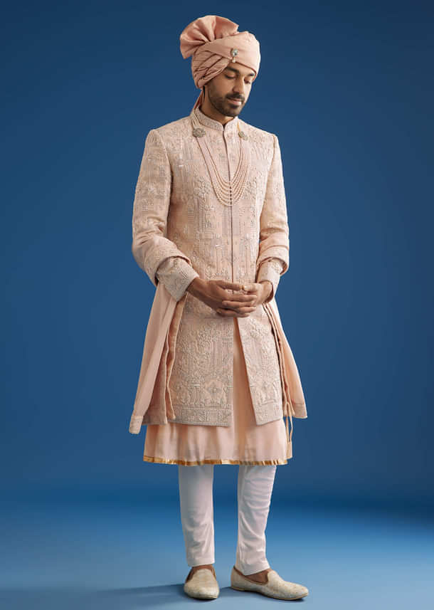 Peach Silk Groom Sherwani Set With Zardosi Embroidery