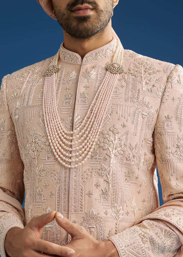 Peach Silk Groom Sherwani Set With Zardosi Embroidery