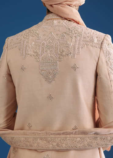 Peach Silk Groom Sherwani Set With Zardosi Embroidery