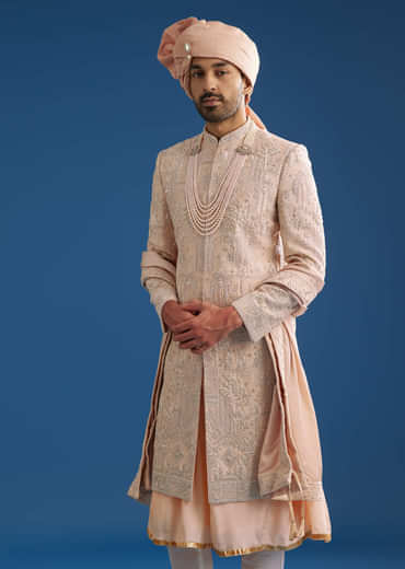 Peach Silk Groom Sherwani Set With Zardosi Embroidery