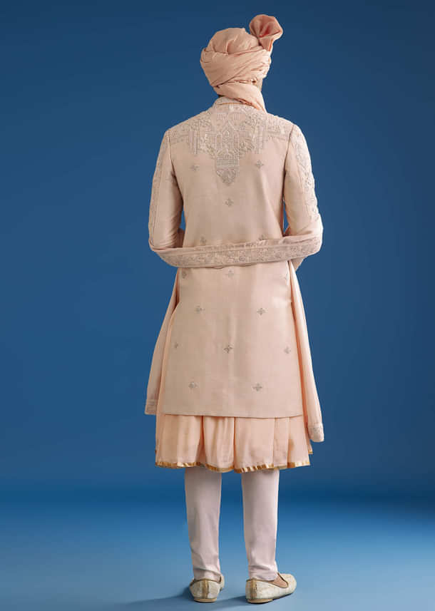 Peach Silk Groom Sherwani Set With Zardosi Embroidery