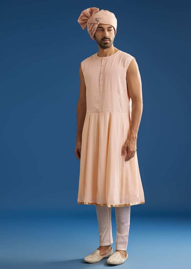Peach Silk Groom Sherwani Set With Zardosi Embroidery