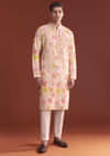 Peach Silk Kurta Set For Men With Thread Work