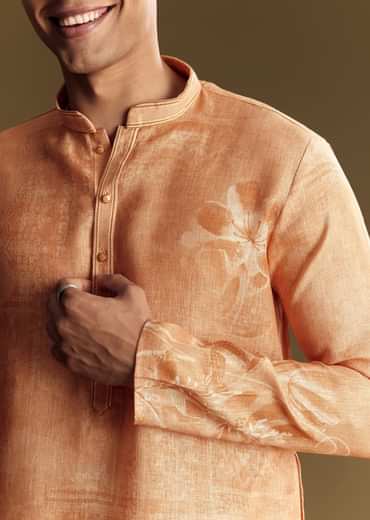 Peach Silk Kurta Set With Mandarin Collar