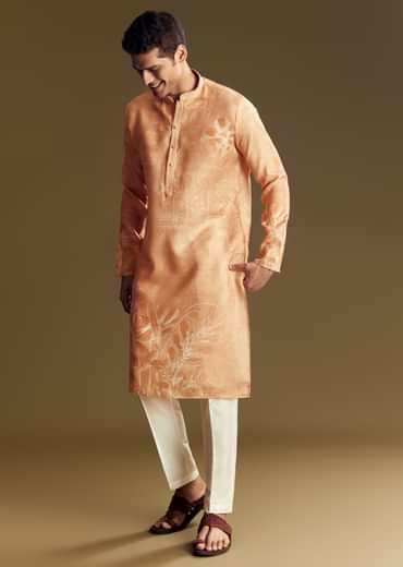 Peach Silk Kurta Set With Mandarin Collar