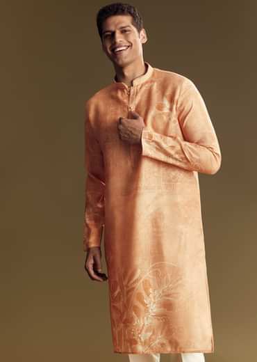 Peach Silk Kurta Set With Mandarin Collar