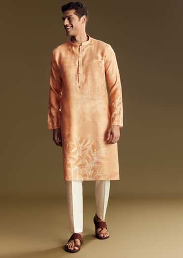 Peach Silk Kurta Set With Mandarin Collar