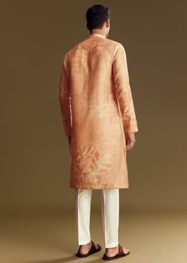 Peach Silk Kurta Set With Mandarin Collar