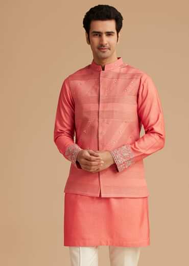 Peach Silk Kurta With Embroidered Jacket