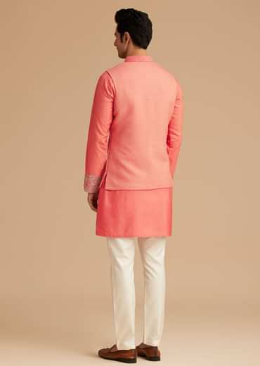 Peach Silk Kurta With Embroidered Jacket