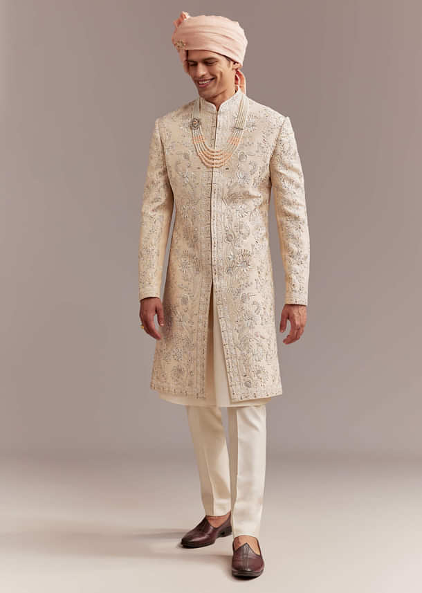Peach Silk Sherwani For Groom With Floral And Paisley Motifs