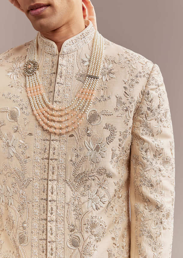 Peach Silk Sherwani For Groom With Floral And Paisley Motifs