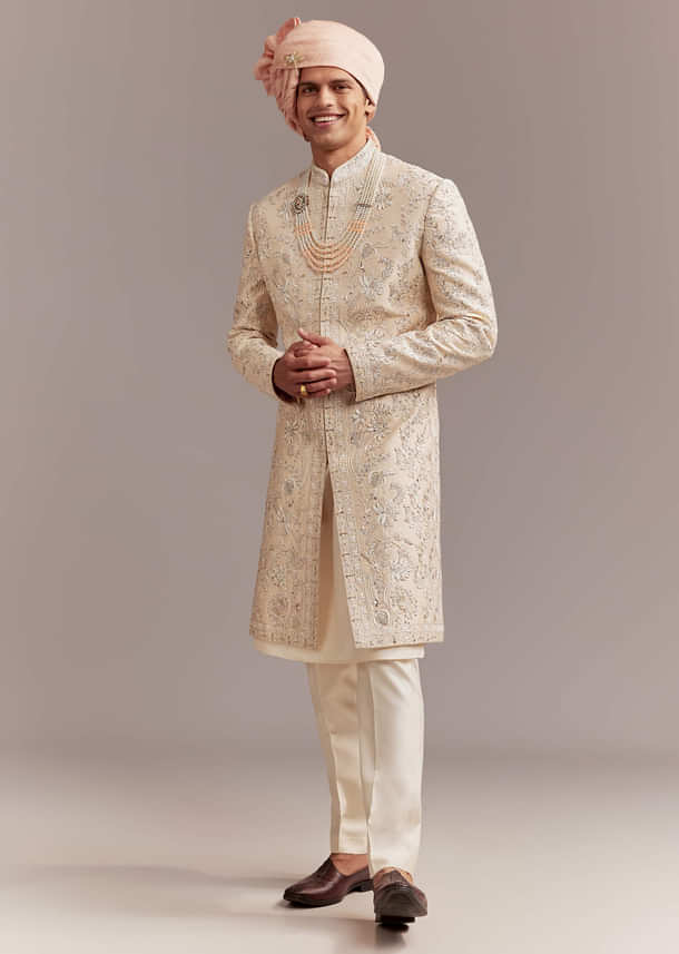 Peach Silk Sherwani For Groom With Floral And Paisley Motifs