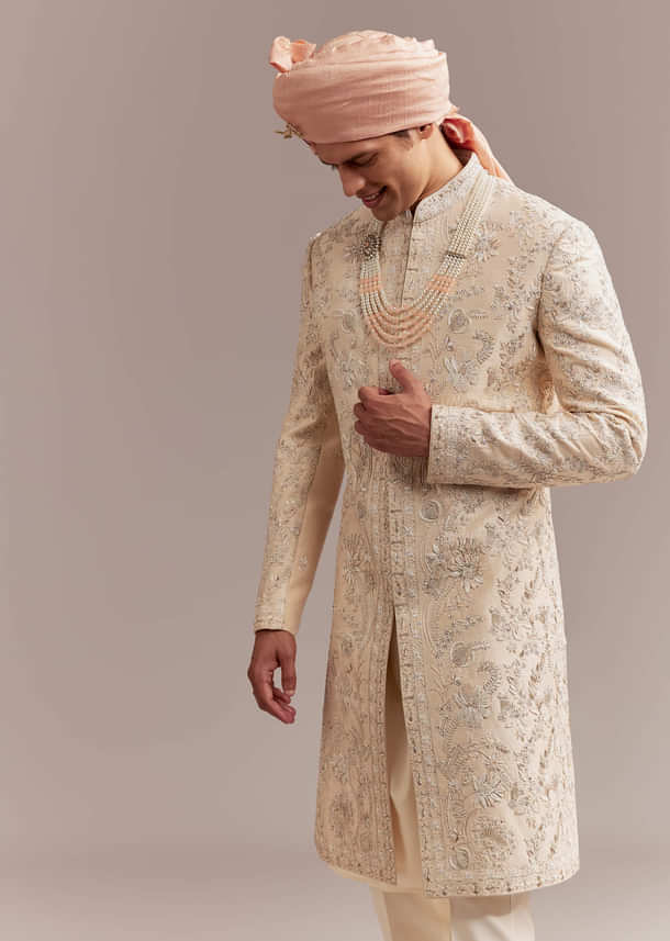Peach Silk Sherwani For Groom With Floral And Paisley Motifs