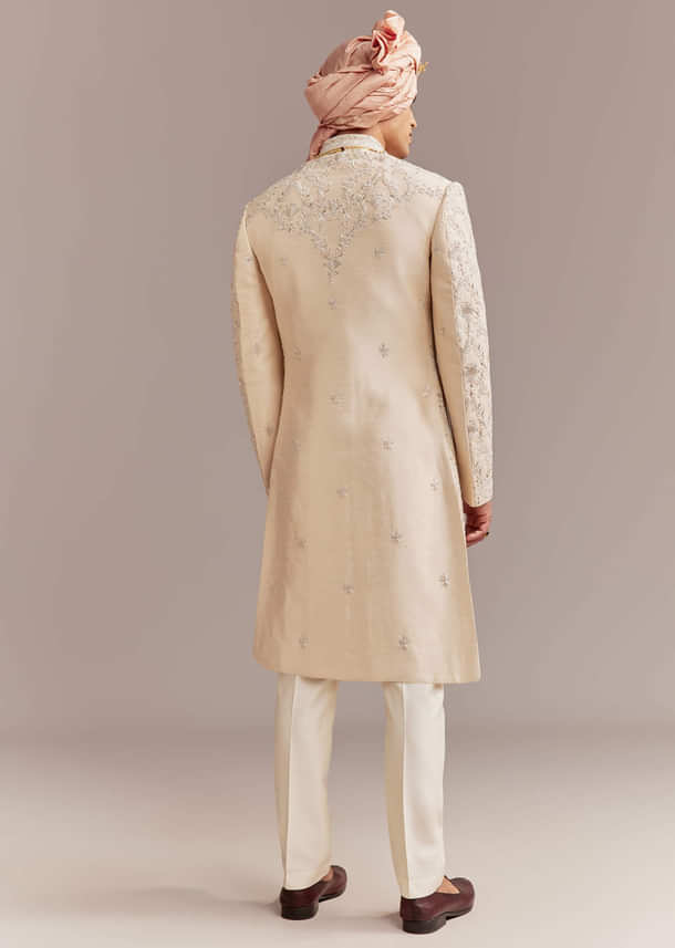 Peach Silk Sherwani For Groom With Floral And Paisley Motifs