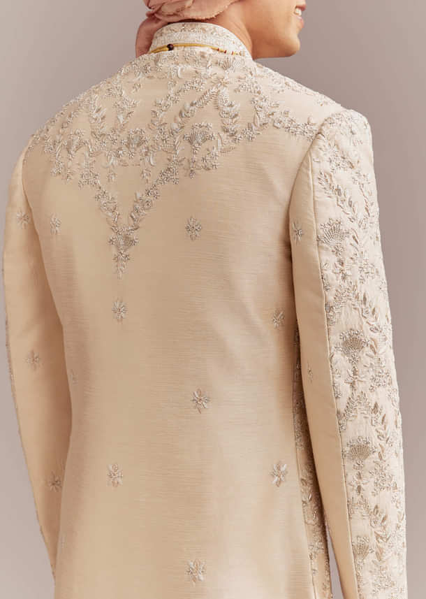 Peach Silk Sherwani For Groom With Floral And Paisley Motifs